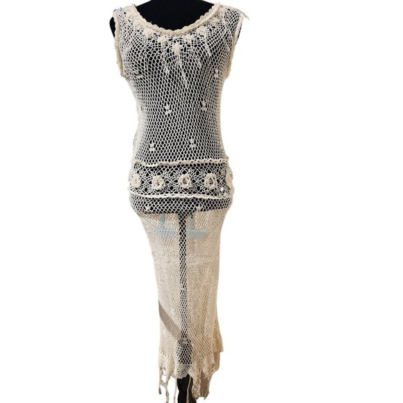 Luxury Stylish Knit Designer Crochet Knitted Maxi Fringes Flowers Dress Tunic NW - Picture 1 of 11